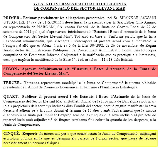 Aprovaci definitiva dels estatuts i de les bases d'actuaci de la Junta de Compensaci del sector de Llevant Mar per part de la Junta de Govern Local de l'Ajuntament de Gav (13 Desembre 2011)